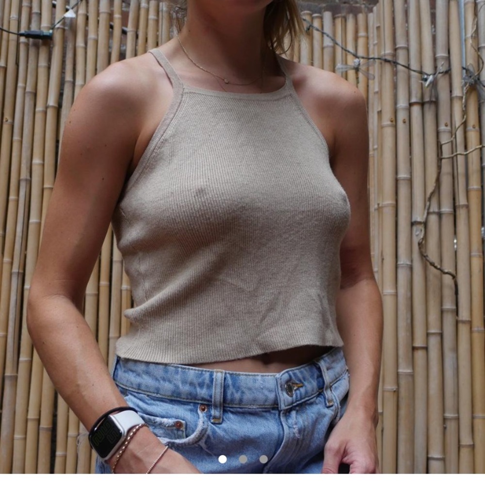 High neck tan halter top cropped halter sweater